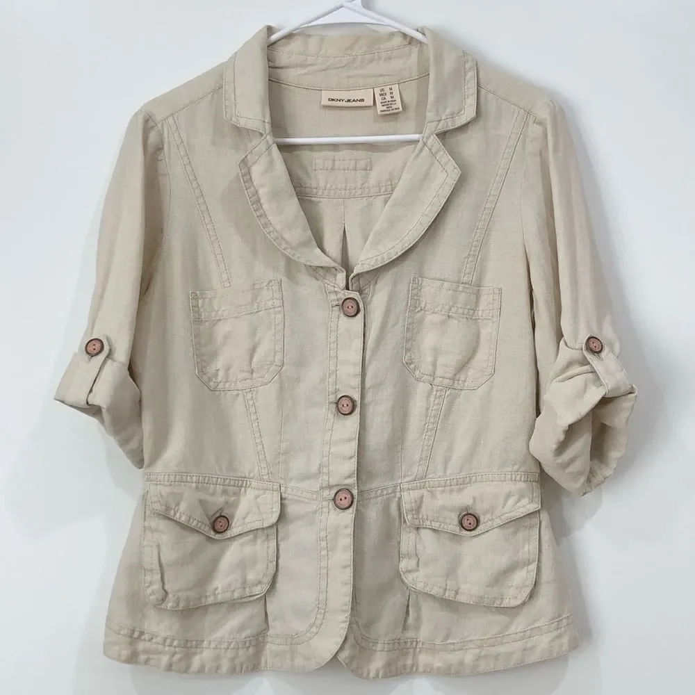 DKNY 100% Linen, Khaki Vintage Blouse Jacket, Size M